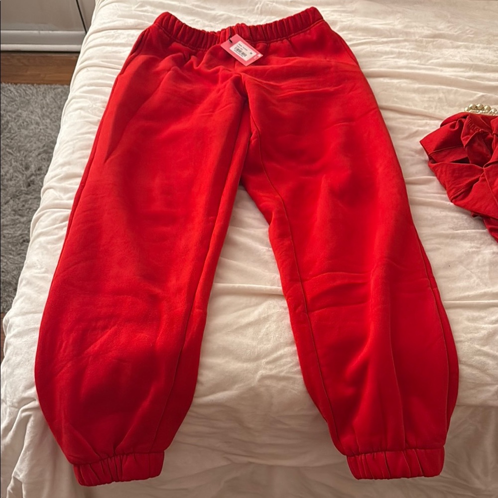 Red Fleece Jogger Sweatpants with Tapered Fit